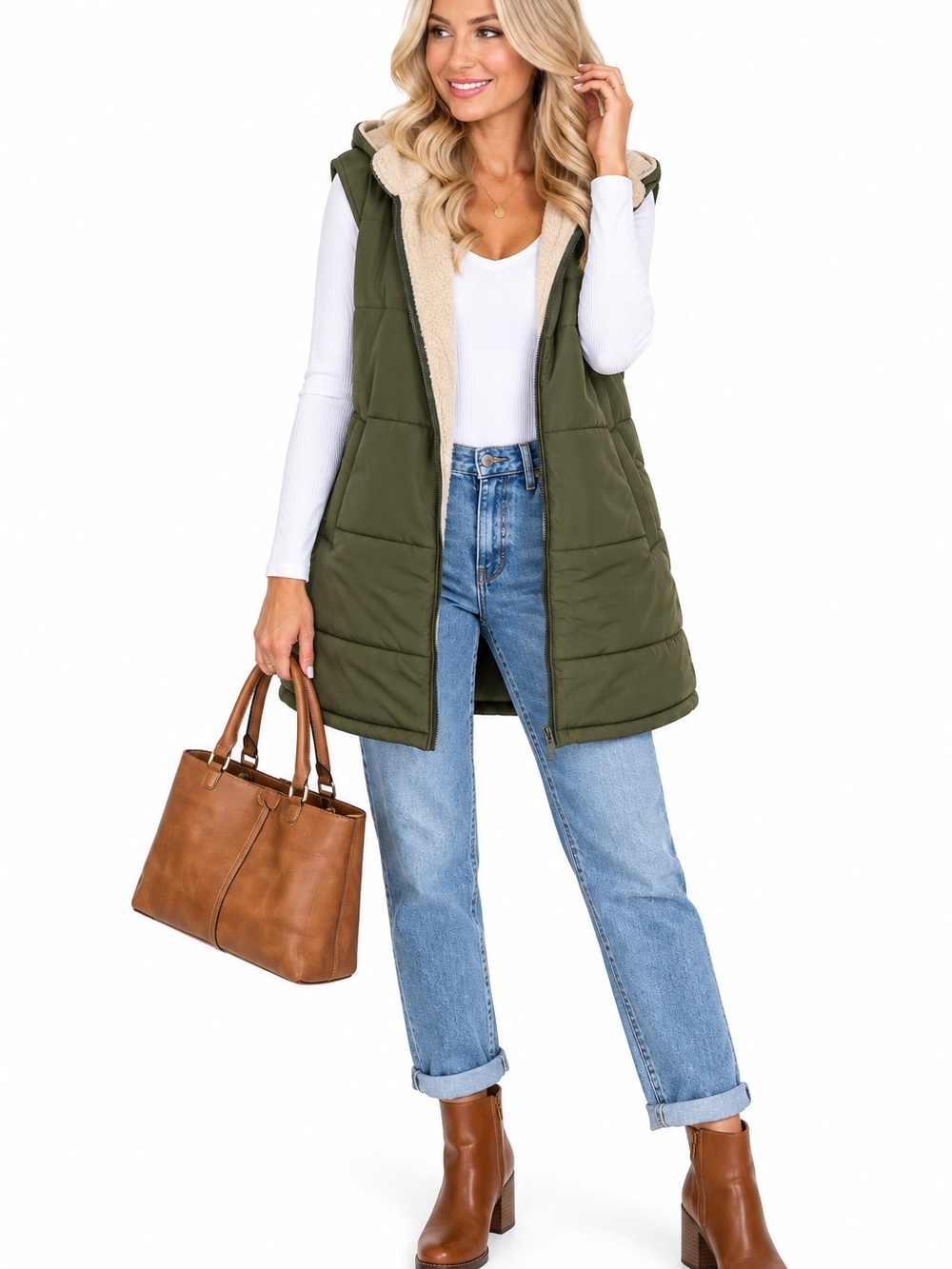 PrettyGarden Size Large Olive Green Sherpa-Lined Puffer Vest